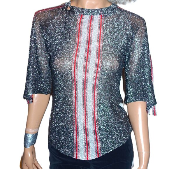 Vintage Cotillion Silver Metallic Striped Blouse M - Picture 1 of 8
